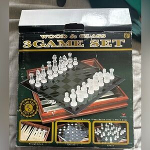 Glass and Wood 3 Game Set Chess Checkers Backgammon Complete Cardinal 2001